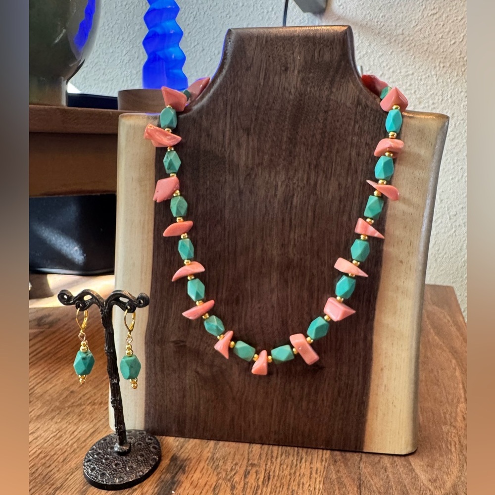 Handmade Coral and Turquoise Stone Necklace and Earring Set Set